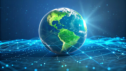 Naklejka premium Futuristic depiction of planet earth with global network connections and data transfer visuals.