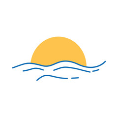 Cartoon drawing half sun or sunlight. Shining rays of light. Sunrise suns. Weather tools. Sunshine sunset. water, sea surface.