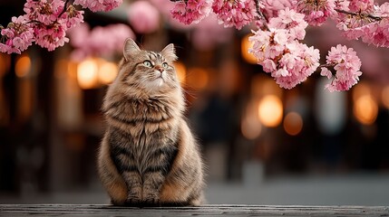Fluffy cat sits under cherry blossoms, city background