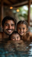 Happy family enjoying a relaxing pool time together