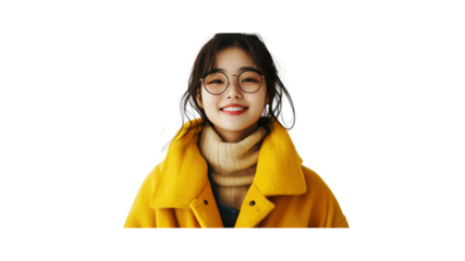 Happy Young Woman in Yellow Coat and Round Glasses