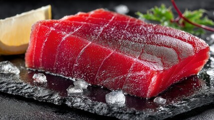 Fresh Tuna Steak on Ice, Dark Background, Food Styling