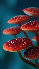 Obraz premium Magical red mushrooms growing against teal background
