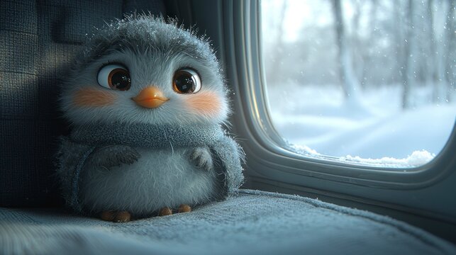 Animated, fluffy penguin with rosy cheeks gazes wistfully out a snowy window