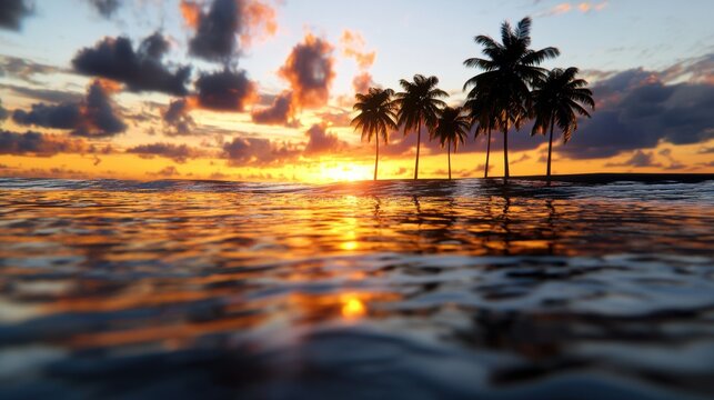 A beautiful sunset over the ocean with palm trees in the foreground. The water is calm and the sky is filled with warm colors - Powered by Adobe