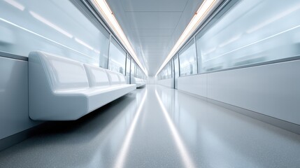 Futuristic transit corridor, sleek seating, city view