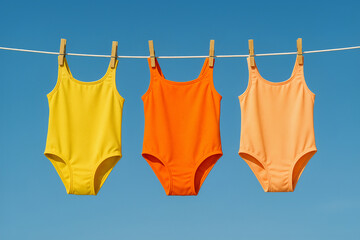Three bright kids' swimsuits—yellow, orange, and peach—hang on a white rope with clips under a vivid blue sky. A bold and clean summer fashion concept for children.