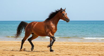 Elegant Arabian horse galloping along ocean shore at sunset with waves and golden light

