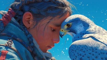 Girl bonding with falcon, snowy landscape, digital art, fantasy