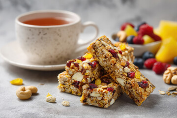 Homemade granola bars with nuts and dried berries. Healthy snack and energy boost for active lifestyle.  