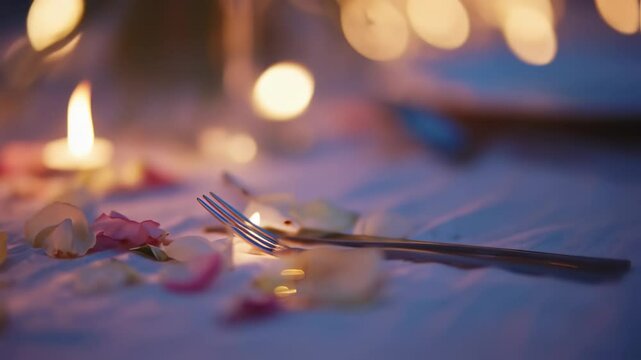 Romantic Table Setting with Candles and Rose Petals
