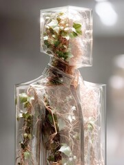 Glass Humanoid, Plants Growing, Studio, Blurred Background, Eco-Concept