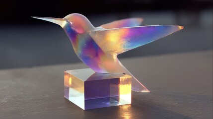 Glass hummingbird sculpture, studio, iridescent, sunset