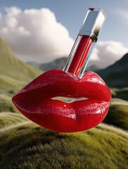 Glossy lips, lip gloss, mountain backdrop, product shot, beauty ad