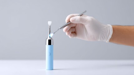 Gloved hand using dental tool, light background