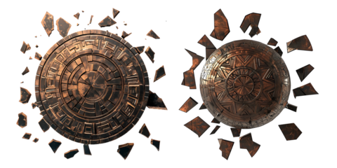 Two bronze shields with shattered pieces isolated on transparent background, ready for design
