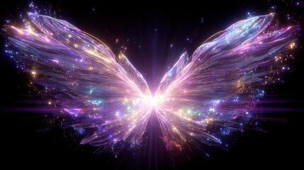 Glowing fantasy wings sparkle, dark background, digital art