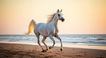 Obraz premium Elegant Arabian horse galloping along ocean shore at sunset with waves and golden light