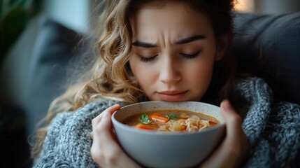 Woman feeling unwell, holds a bowl of warm soup, seeking comfort and relief from illness