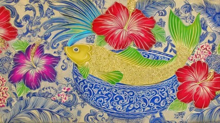 Goldfish, Hibiscus, Floral, Asian, Painting, Detail, Texture, Background