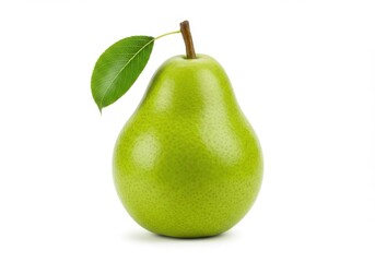 Single green pear with leaf isolated on white background