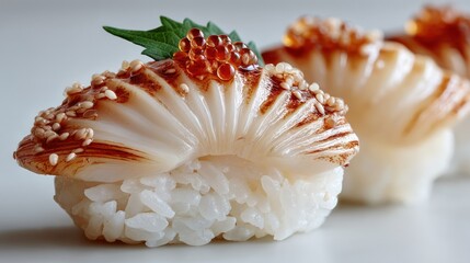Grilled Scallop Sushi, Sesame, Close-up, Plate, Restaurant