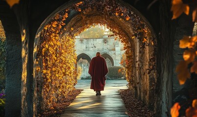 Monk Walking Through Autumnal Archway to Ancient Building