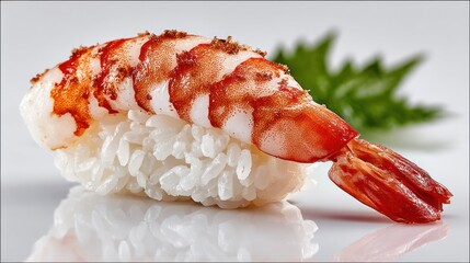 Grilled shrimp nigiri, white background, garnish, food photography