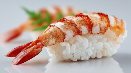 Grilled shrimp sushi, close-up, restaurant, background blurred