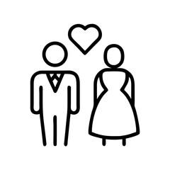 Outline of bride and groom with heart symbol above them  