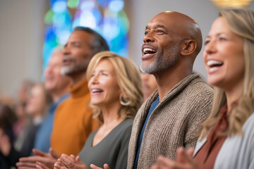 A diverse group of people of varying ages singing together in what appears to be a church, with stained glass in the background