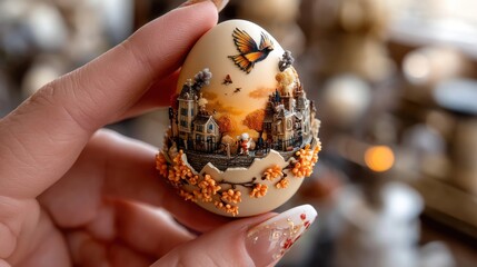 Hand holding miniature autumn town eggshell art