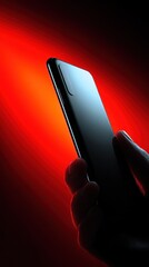 Hand holding phone, red light, dark studio, technology ad
