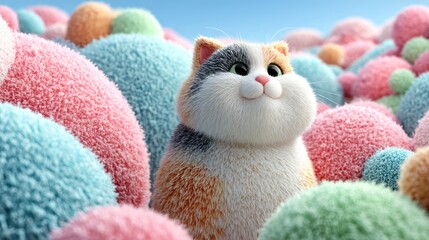 Happy cat amid pastel spheres, digital art, cheerful scene