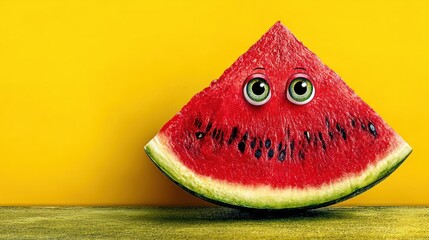 Happy watermelon slice on yellow, summer food