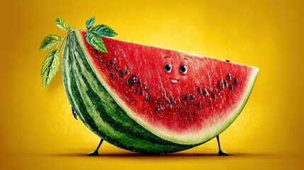 Happy watermelon slice, yellow background, summer food, playful design
