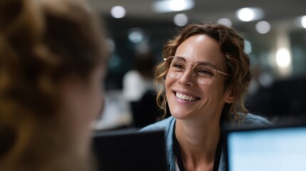 Happy woman office meeting, colleague, night, teamwork, collaboration