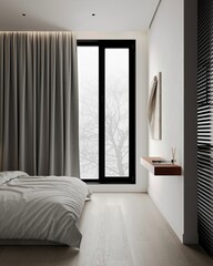 A close-up image of a minimal wooden bed with comfortable beddings against the large window with sheer curtains in a cozy, contemporary bedroom. 3d render, 3d illustration