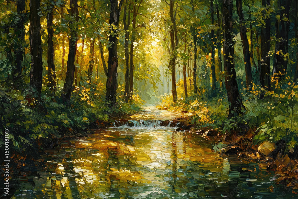 Poster sunlit stream flows through a lush green forest, creating a serene and peaceful atmosphere.