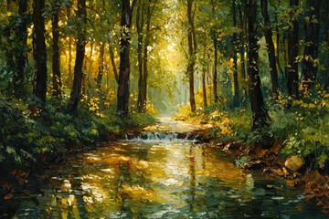 Fototapeta premium Sunlit stream flows through a lush green forest, creating a serene and peaceful atmosphere.