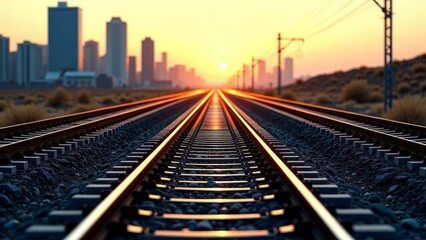 Fototapeta premium railway to city and desert at sunset