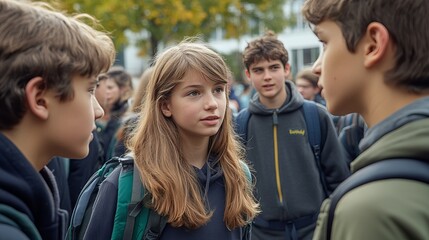 Obraz premium Teenage girl looks thoughtfully amongst a group of students wearing hoodies and backpacks in an outdoor setting.