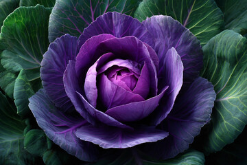 Obraz premium Beautiful purple cabbage displayed among green leaves in garden