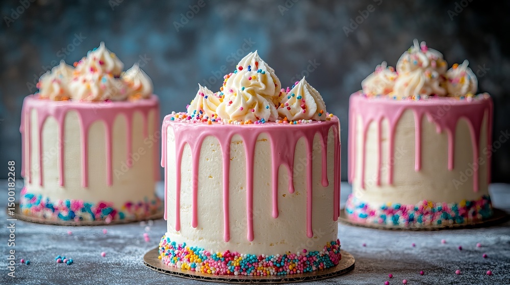 Poster three small cakes are displayed with pink frosting and colorful sprinkles on a dark surface.