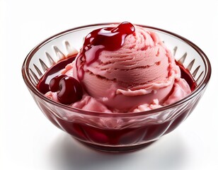 rich cherry ice cream with swirls of cherry syrup served in a vintage glass bowl isolated on a white backdrop