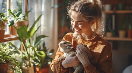 Woman gently cradles her pet lizard near sunlit window, surrounded by lush indoor plants