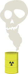 Vector illustration of a nuclear barrel leaking toxic gas, forming a skull-shaped cloud. A powerful symbol of danger, pollution, death, and environmental threat.