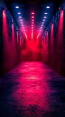 Neon-lit corridor with pink and blue hues, smoky atmosphere, and textured walls