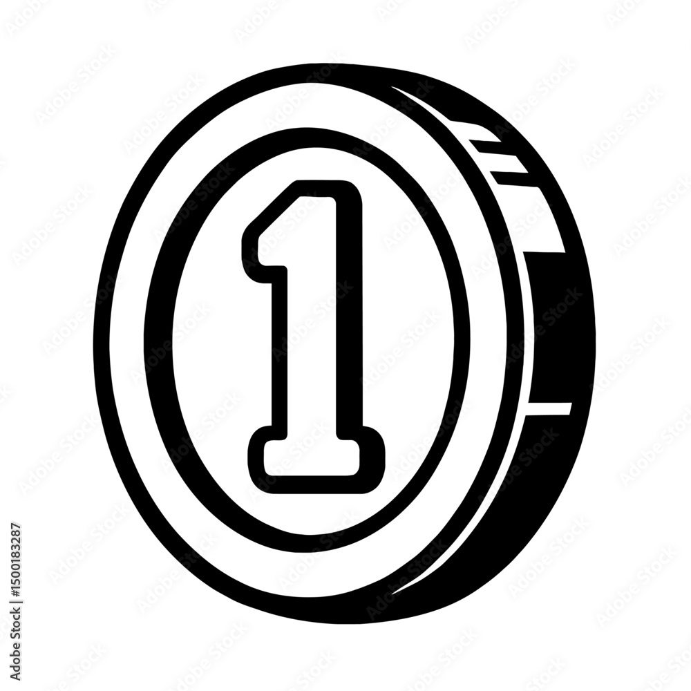 Poster coin with number one outline icon for currency and value
