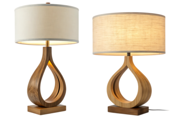 Two modern wooden table lamps with fabric shades on transparent background
